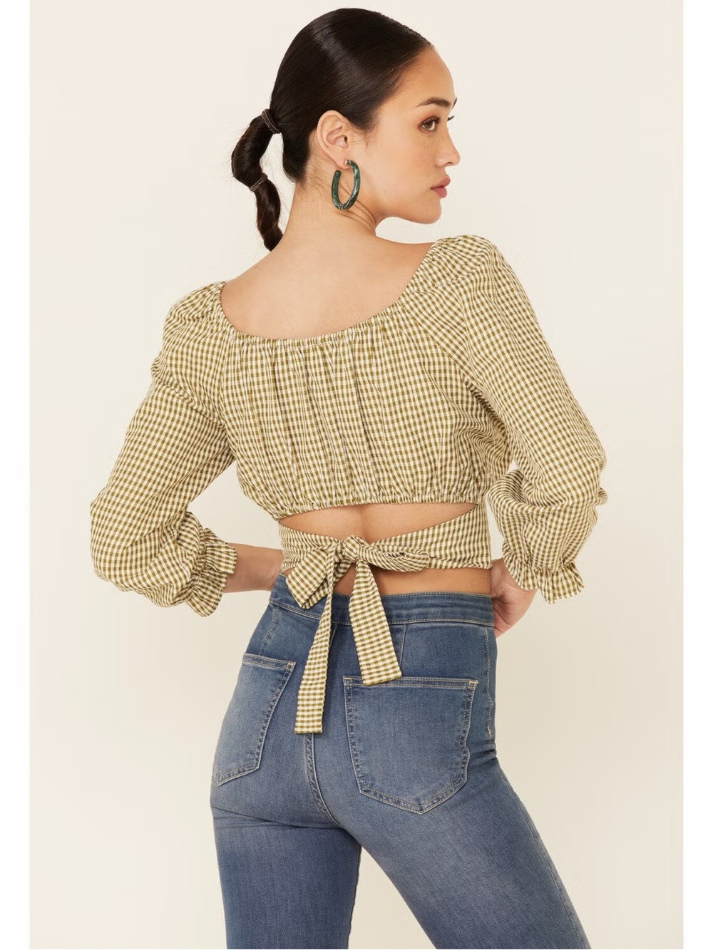 Beyond the radar green Gingham Tie-Back Crop Top